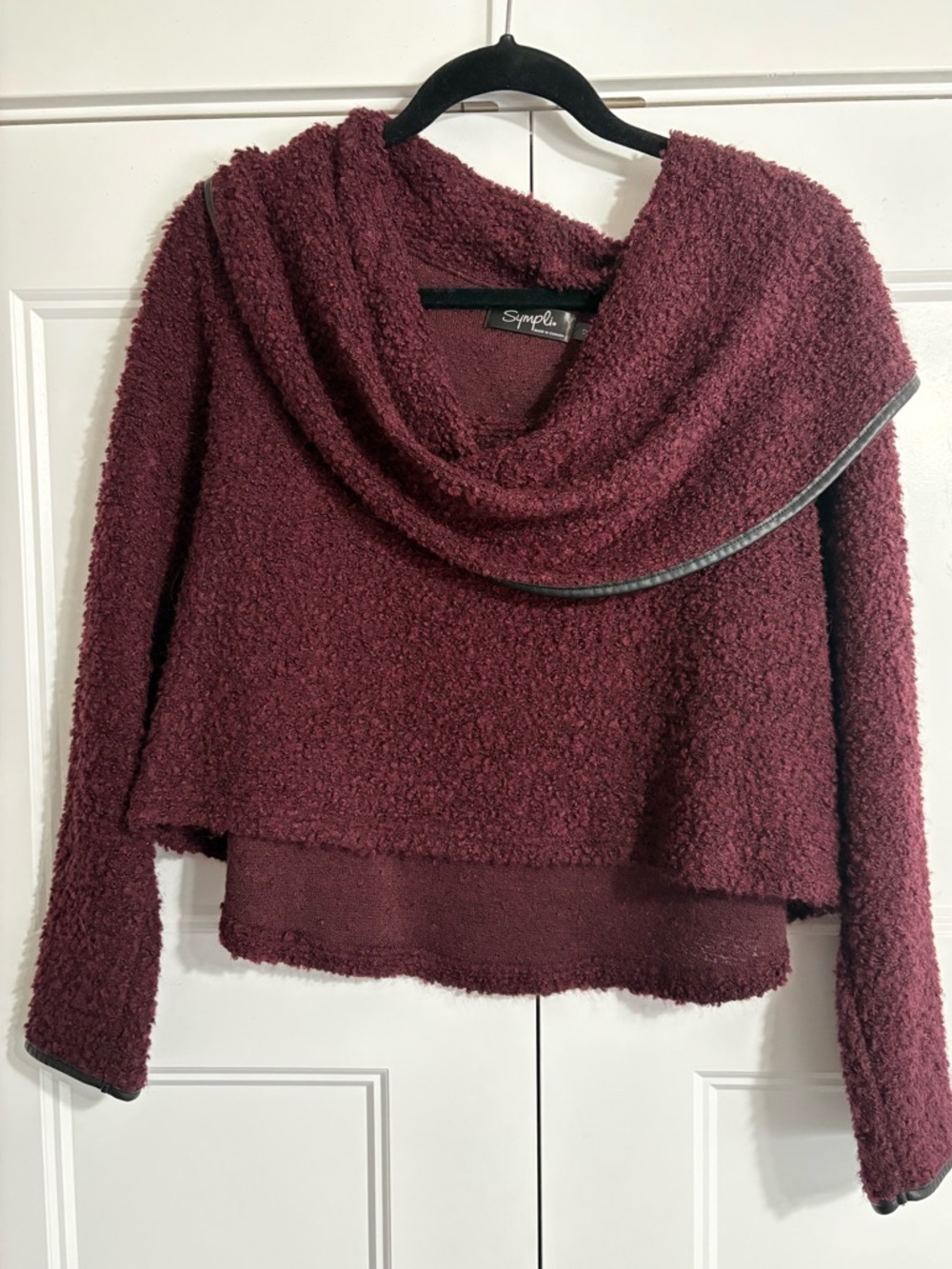 Sympli Wine Bouclé Cowl-Neck Women’s Cropped Sweater
